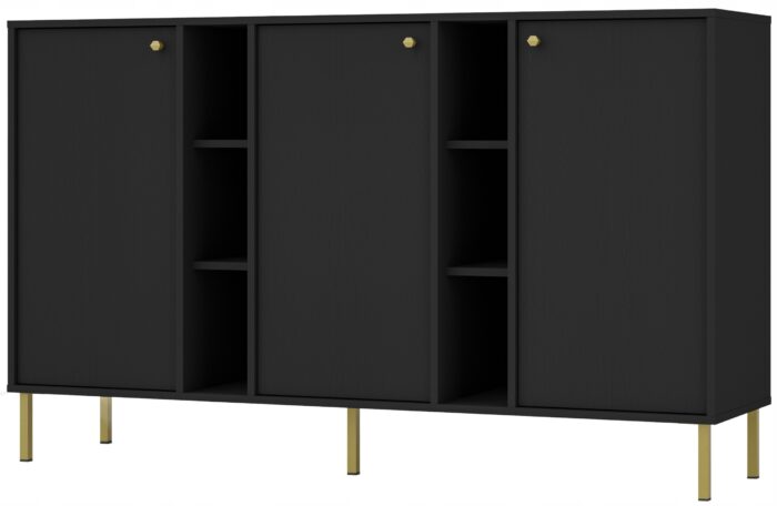 Komoda AVILA 158 cm czarna z drzwiami i półkami złote metalowe nogi typ prosty