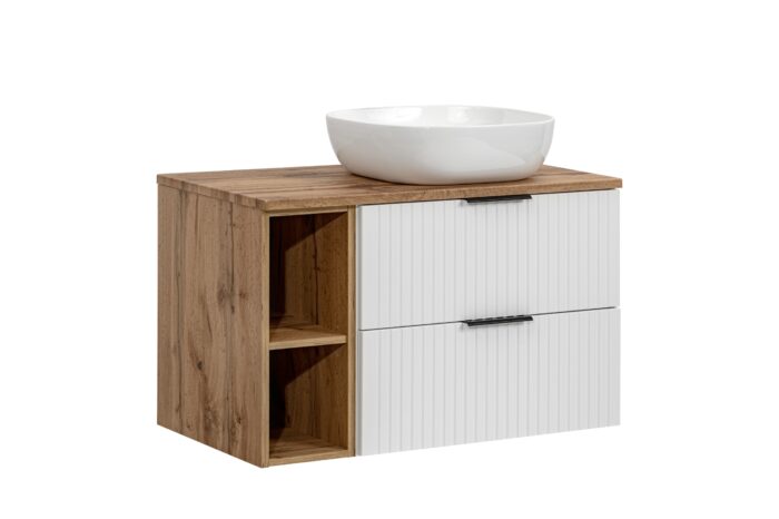 ADEL 100 cm biała szafka łazienkowa z umywalką blat regał dąb wotan 2 szuflady ryflowany front