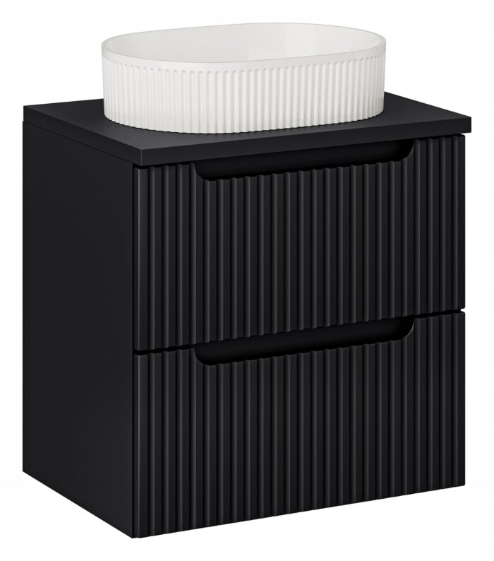 NOVA 60 cm czarna szafka łazienkowa z blatem i umywalką szuflady ryflowane fronty