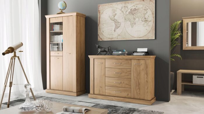 Komoda CANITA 142 cm kraft złoty pojemna szuflady drzwi
