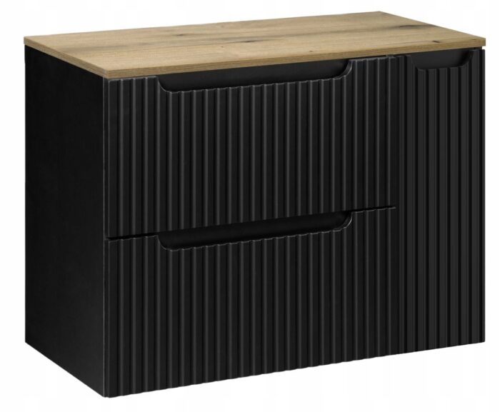Szafka łazienkowa NOVA czarny 80 cm blat dąb ryflowane fronty 1 drzwi 2 szuflady pojemna