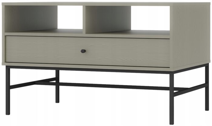 Ława AVILA 100 cm zielona z szufladą i półkami czarne metalowe nogi typ stelaż