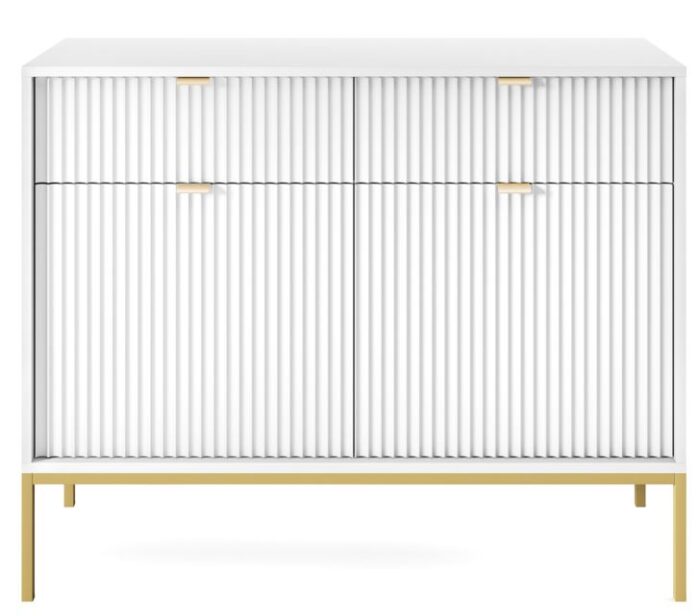 Komoda BELLAZA 104 cm biała z szufladami i drzwiczkami, złote uchwyty i nogi