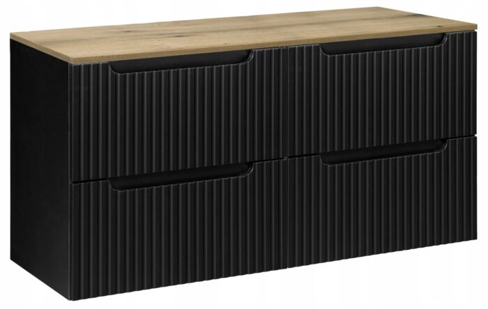 Szafka łazienkowa NOVA czarny 120 cm blat dąb ryflowane fronty 4 szuflady szeroka
