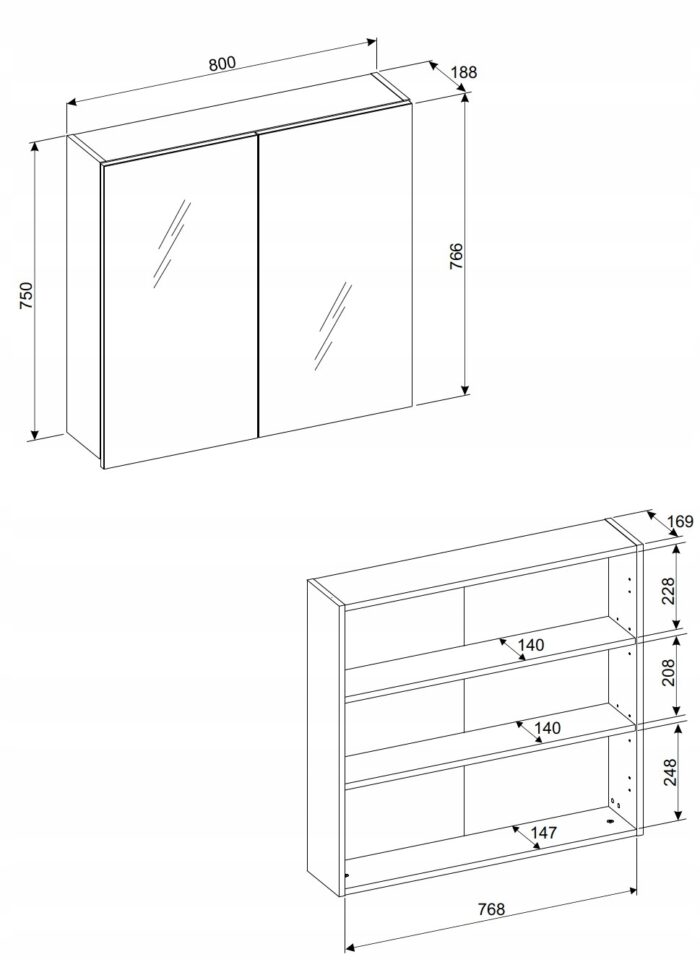 Szafka Łazienkowa z lustrem BELLA 80 cm kaszmir wisząca drzwi półki