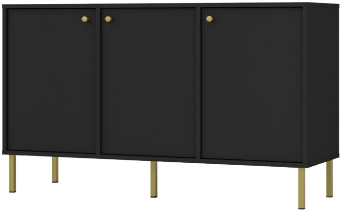 Komoda AVILA 125 cm czarna z drzwiami złote metalowe nogi typ prosty