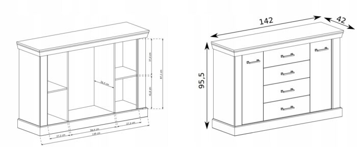 Komoda CANITA 142 cm kraft złoty pojemna szuflady drzwi