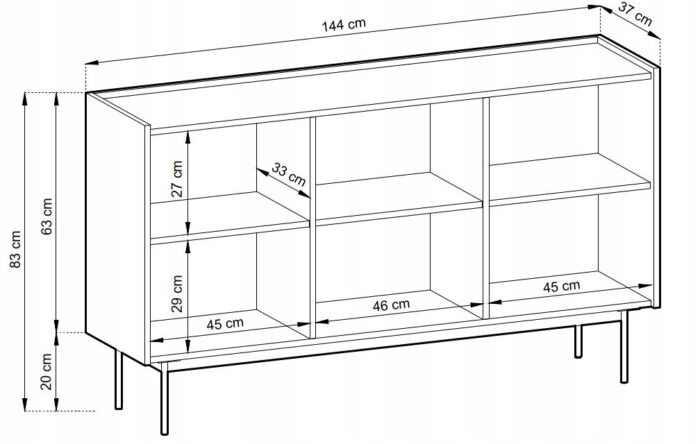 Komoda SIMPLE 144 cm kaszmir / dąb linea szeroka z drzwiczkami i półkami metalowe nóżki