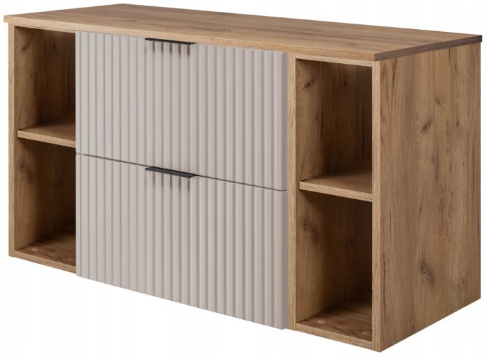 FLOW 100 cm Zestaw łazienkowy dąb kaszmir szafka z blatem szuflady regały ryflowane fronty