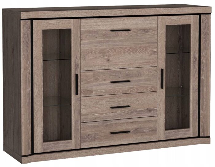 Komoda DALLAS 157 cm dąb truflowy witryna pojemna szuflady półki