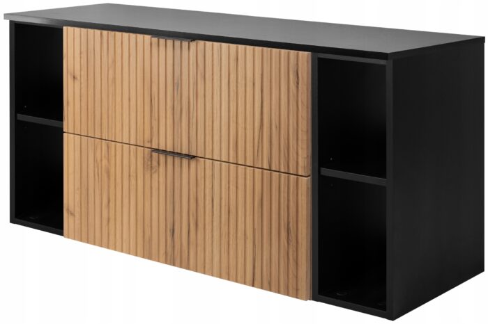 Zestaw łazienkowy FLOW 120 cm czarny szafka z blatem szuflady regały dębowe ryflowane fronty