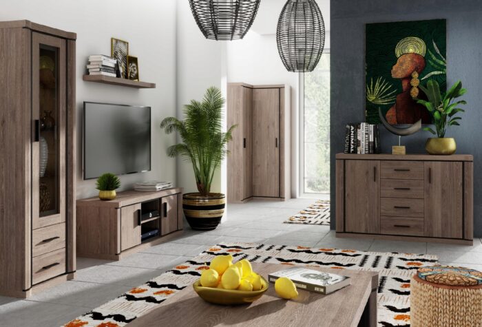 Komoda DALLAS 117 cm dąb truflowy pojemna szuflady półki drzwi