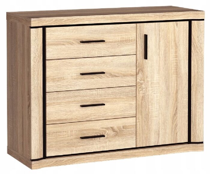 Komoda DALLAS 117 cm dąb sonoma pojemna szuflady półki drzwi