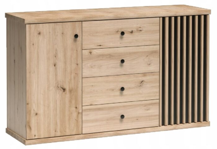 Komoda CAMPA 142 cm dąb czarny pojemna lamele szuflady drzwi półki