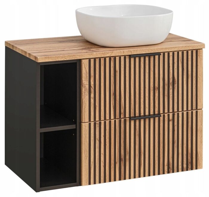 Szafka łazienkowa XILO 80 cm czarna dąb umywalka wisząca szuflady ryflowane fronty