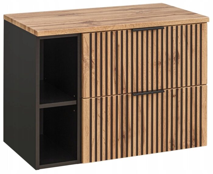 Szafka pod umywalkę XILO 80 cm czarna dąb blat wisząca regał szuflady ryflowane fronty