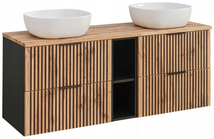 Szafka łazienkowa XILO 140 cm czarna dąb wisząca blat umywalki regał szuflady ryflowane fronty