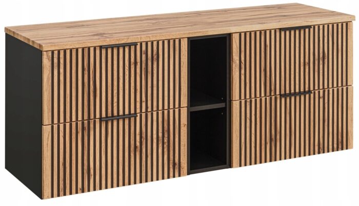 Szafka pod umywalki XILO 140 cm czarna dąb wisząca blat regał szuflady ryflowane fronty