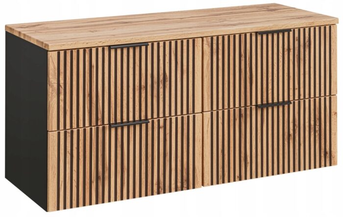 Szafka pod umywalki XILO 120 cm czarna dąb wisząca blat szuflady ryflowane fronty