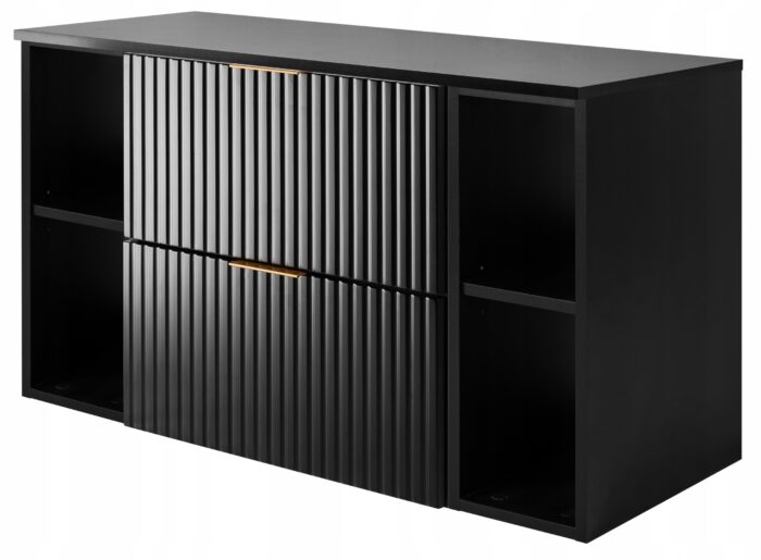 Zestaw łazienkowy FLOW 100 cm czarny szafka pod umywalkę blat szuflady regały ryflowane fronty
