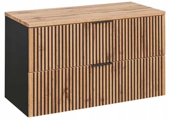 Szafka pod umywalkę XILO 80 cm czarna dąb wisząca blat szuflady ryflowane fronty