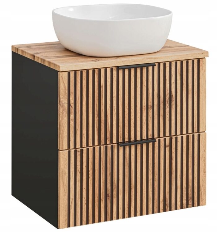 Szafka łazienkowa XILO 60 cm czarna dąb umywalka blat wisząca szuflady ryflowane fronty