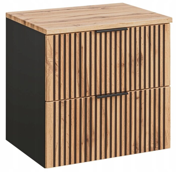 Szafka pod umywalkę XILO 60 cm czarna dąb wisząca blat szuflady ryflowane fronty