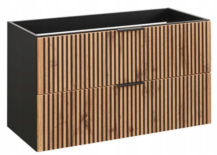 Szafka pod umywalkę XILO 100 cm czarna dąb wisząca szuflady ryflowane fronty