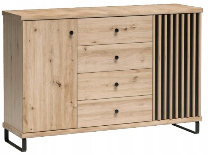 Komoda CAMPA 142 cm dąb czarny lamele szuflady drzwi półki metalowe nogi