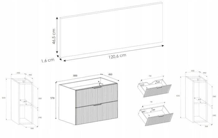 Zestaw łazienkowy FLOW 120 cm dąb szafka z blatem szuflady regały białe ryflowane fronty