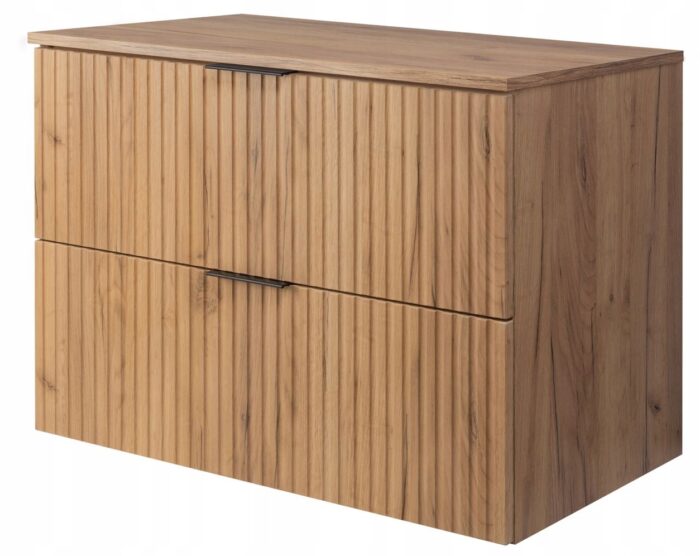 Szafka pod umywalkę FLOW 80 cm dąb craft blat wisząca pojemna szuflady ryflowane fronty