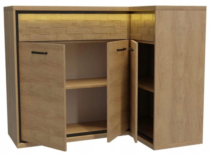 Komoda MILAN 127 cm dąb narożna pojemna szuflady drzwi ozdobny panel