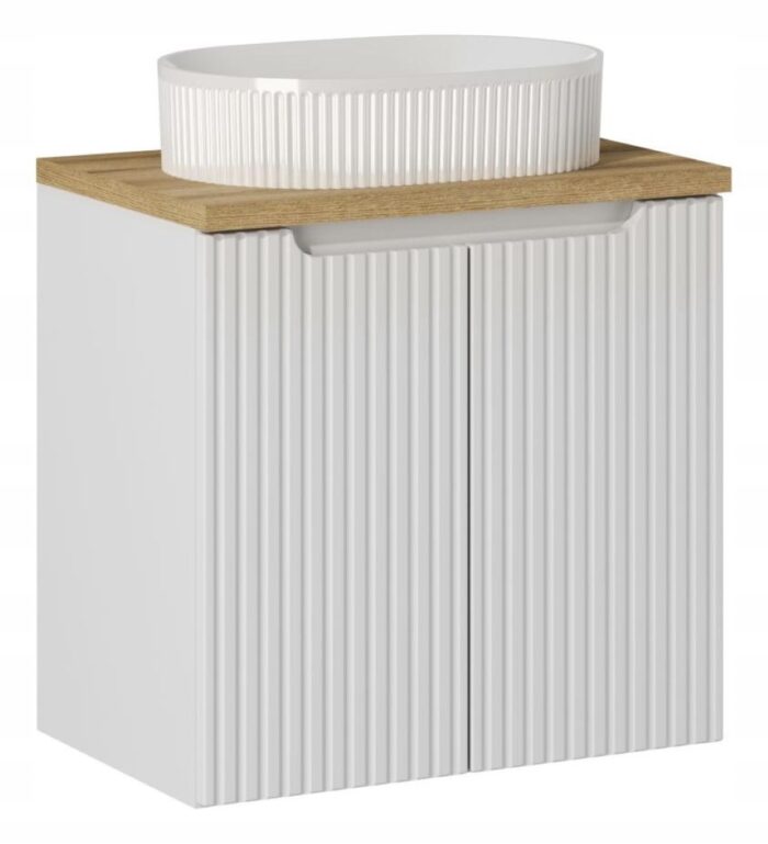 Szafka łazienkowa z umywalką NOVA biały 60 cm blat dąb 2 drzwi ryflowane fronty