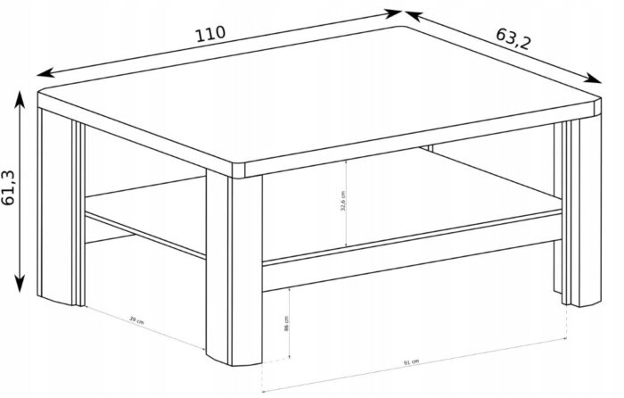 Ława GLOSS 110 cm dąb biały stolik kawowy półka