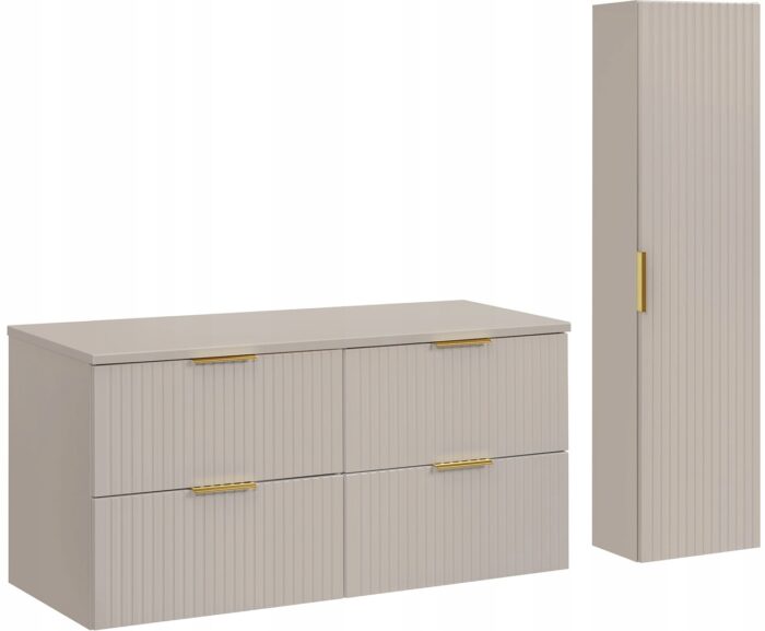 ADEL zestaw mebli łazienkowych kaszmir Szafka blat 120 cm + Słupek 140 cm ryflowane fronty