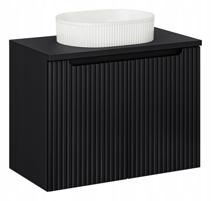 NOVA 80 cm czarna szafka łazienkowa z blatem i umywalką drzwi ryflowane fronty