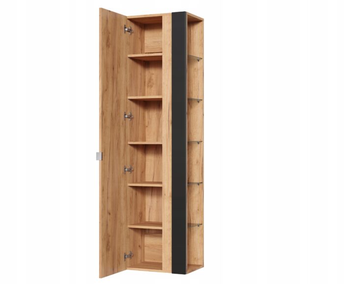 Słupek łazienkowy z lustrem CAPRI 45x170 cm dąb craft grafit wiszący regał szklane półki drzwi