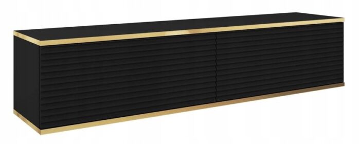 Szafka RTV ORO 135 cm czarny, ryflowane fronty, złota ozdobna listwa