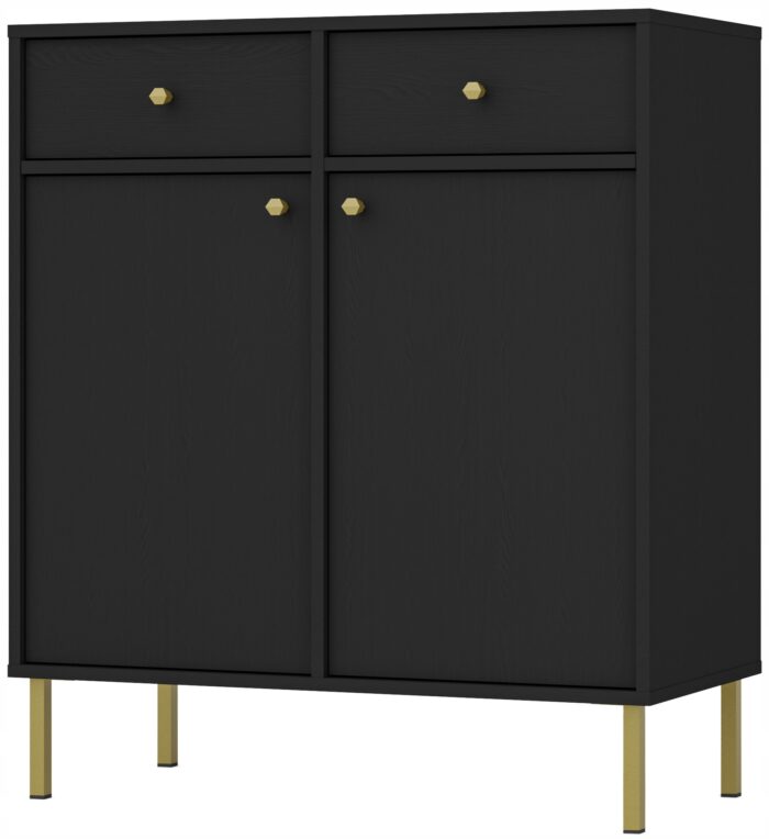 Komoda AVILA 84 cm czarna z drzwiami i szufladami złote metalowe nogi typ prosty