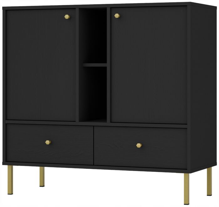 Komoda AVILA 100 cm czarna z drzwiami szufladami i półą złote metalowe nogi typ prosty