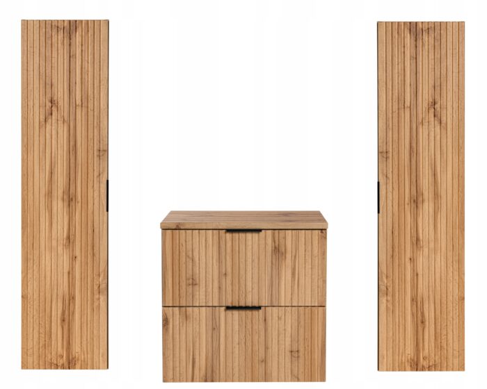 ADEL zestaw mebli łazienkowych dąb wotan Szafka blat 60 cm + 2 Słupki 140 cm ryflowane fronty