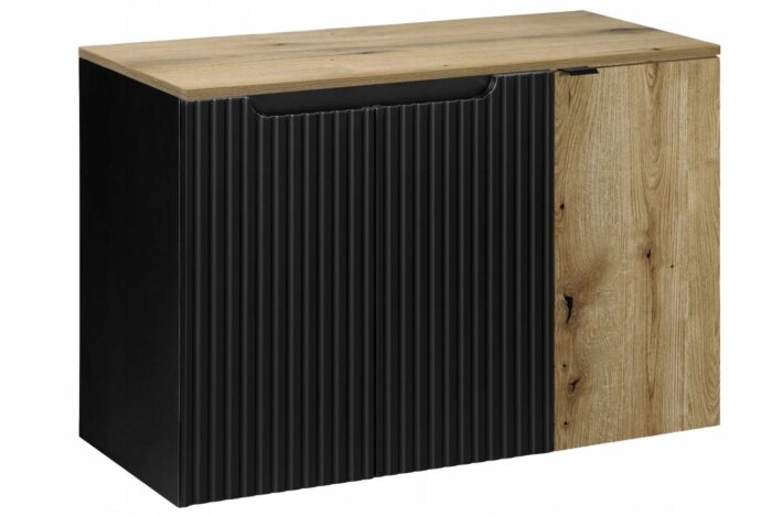 Szafka łazienkowa NOVA czarny 90 cm blat dąb ryflowane fronty wstawka dąb 3 drzwi pojemna