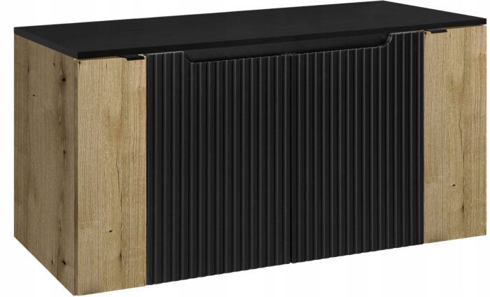 Szafka łazienkowa NOVA czarny 120 cm blat ryflowane fronty wstawka dąb 4 drzwi szeroka