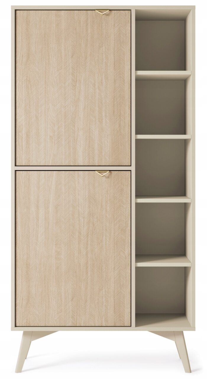 Regał wysoki GRANNA 160 cm beż piaskowy, złote uchwyty, wzór jodełki