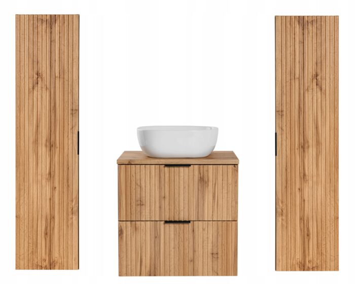 ADEL zestaw mebli łazienkowych dąb wotan Szafka blat umywalka 60 cm + 2 Słupki 140 cm ryflowane fronty