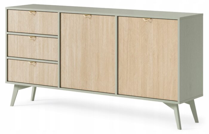 Komoda GRANNA 158 cm eukaliptus, szeroka z szufladami i drzwiczkami, wzór jodełki