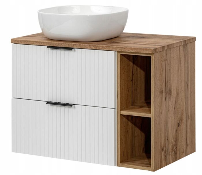 ADEL 80 cm biała szafka łazienkowa z umywalką blat regał dąb wotan 2 szuflady ryflowany front