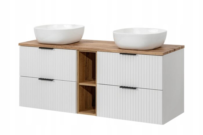 ADEL biała 140 cm szafka łazienkowa z umywalkami blat regał dąb wotan 4 szuflady ryflowany front