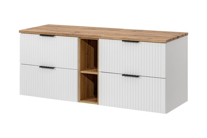 ADEL 140 cm biała szafka łazienkowa blat regał dąb wotan 4 szuflady ryflowany front