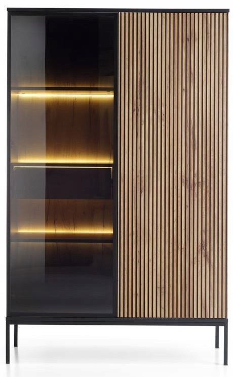Witryna SALI 166 cm czarny / dąb wotan z oświetleniem LED, ozdobne lamele